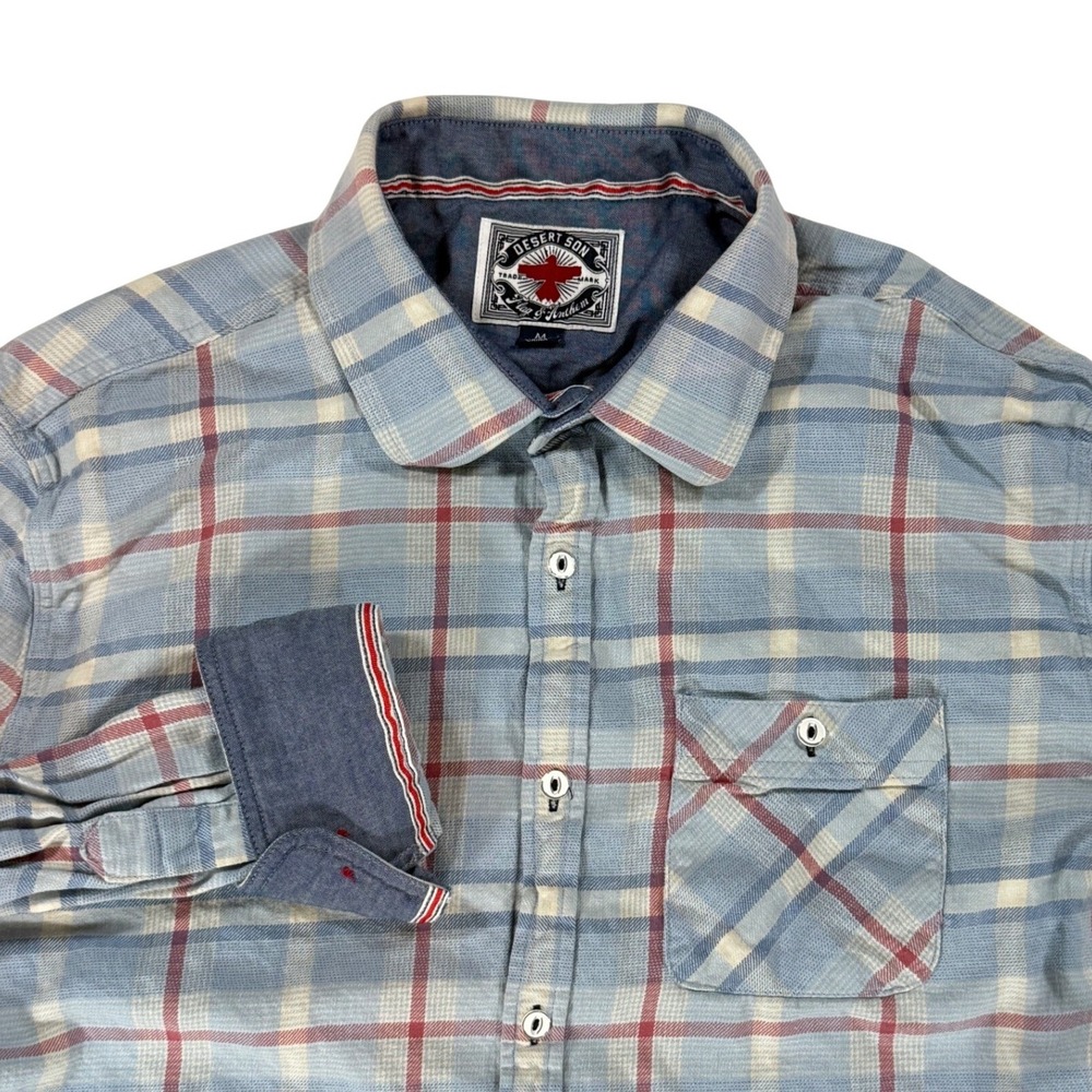 Desert Son Flag & Anthem Plaid Shirt Mens Medium Blue Red Western Rugged Casual